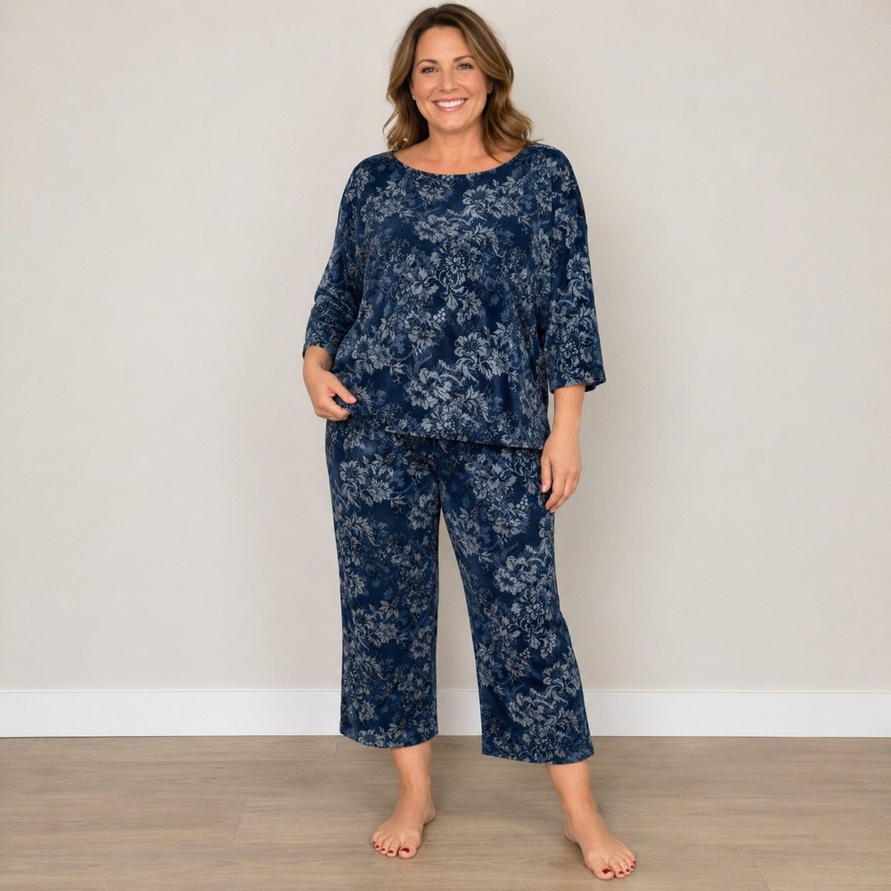 Soft‎ Surroundings Blue Floral Damask Pajama Set Top Pants L 2GB67 Loungewear